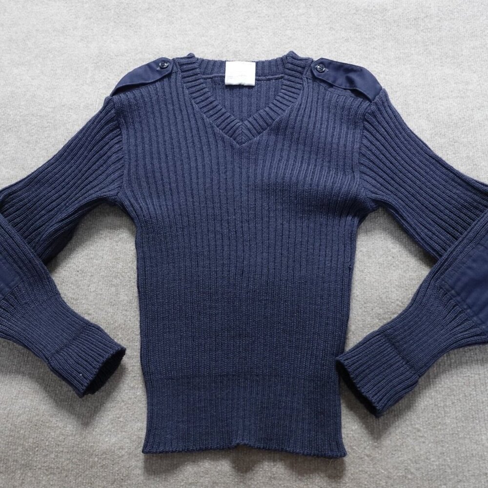 Woolly Pully Sweater Small Blue Solid V-Neck Elbow Patches Commando Epaulets